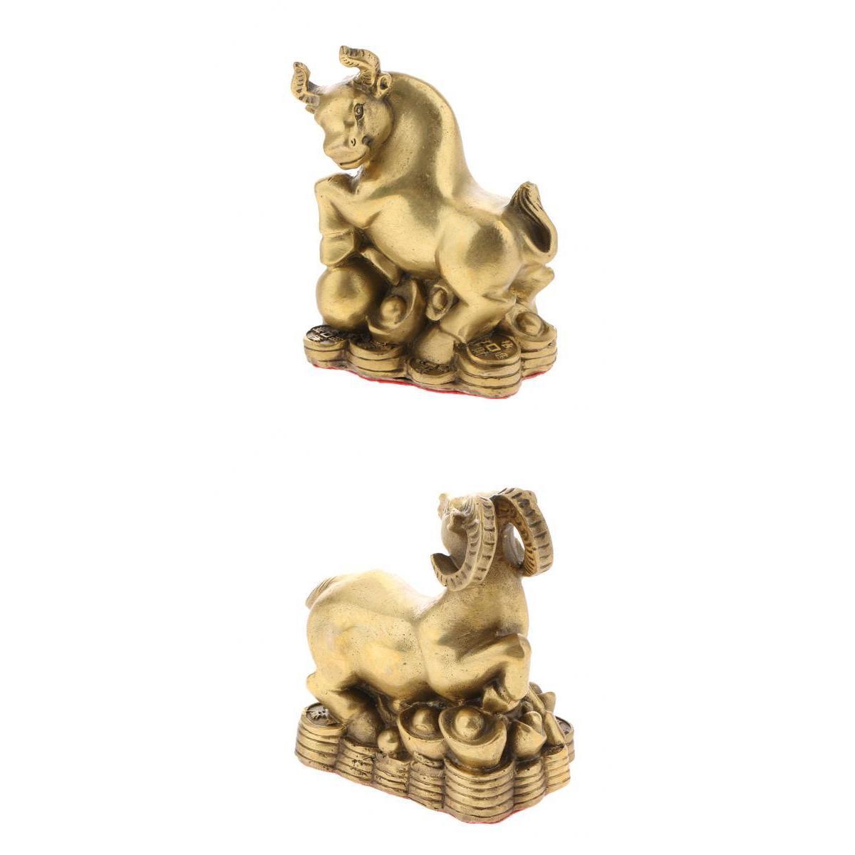 2pcs Pure Brass Chinese Animal Figurine Statue Ornament Goat+Ox