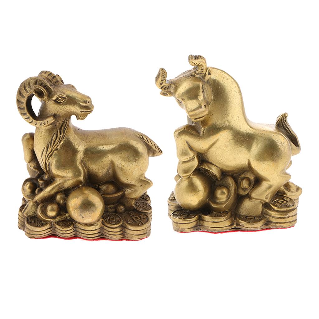 2pcs Pure Brass Chinese Animal Figurine Statue Ornament Goat+Ox