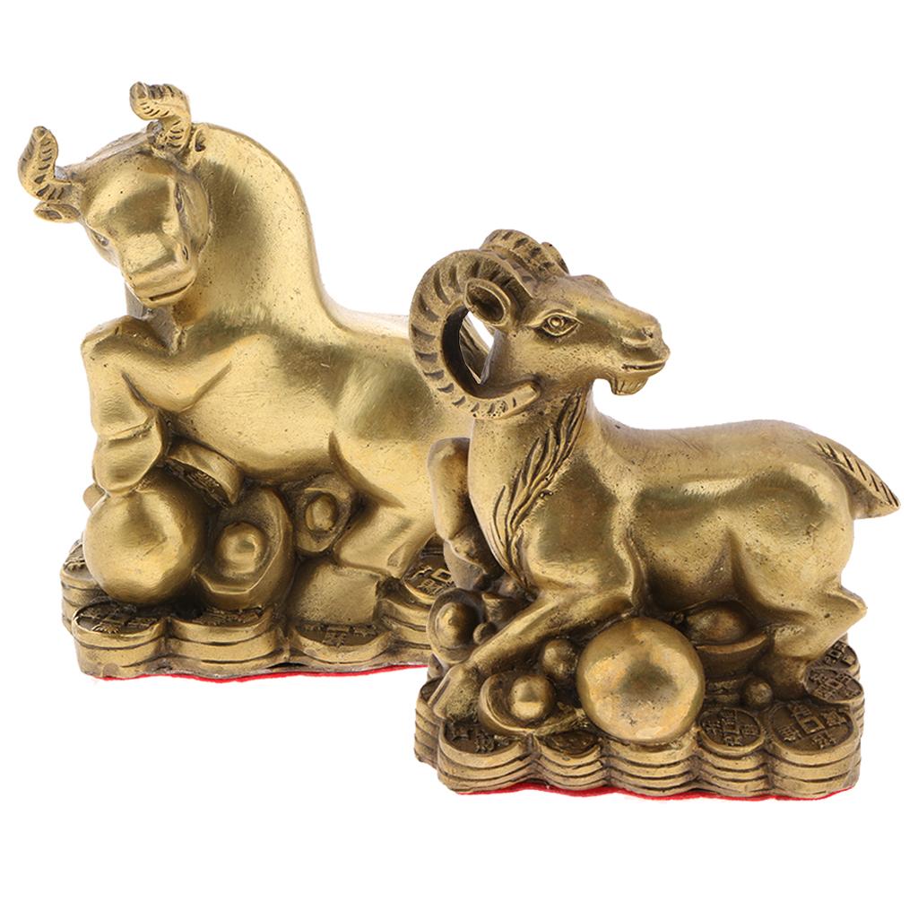 2pcs Pure Brass Chinese Animal Figurine Statue Ornament Goat+Ox
