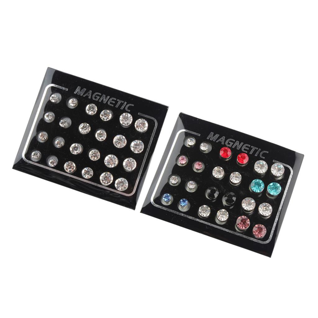 24 Pairs Mixed Size Multicolor Crystal Rhinestone Magnetic Earrings Ear Stud