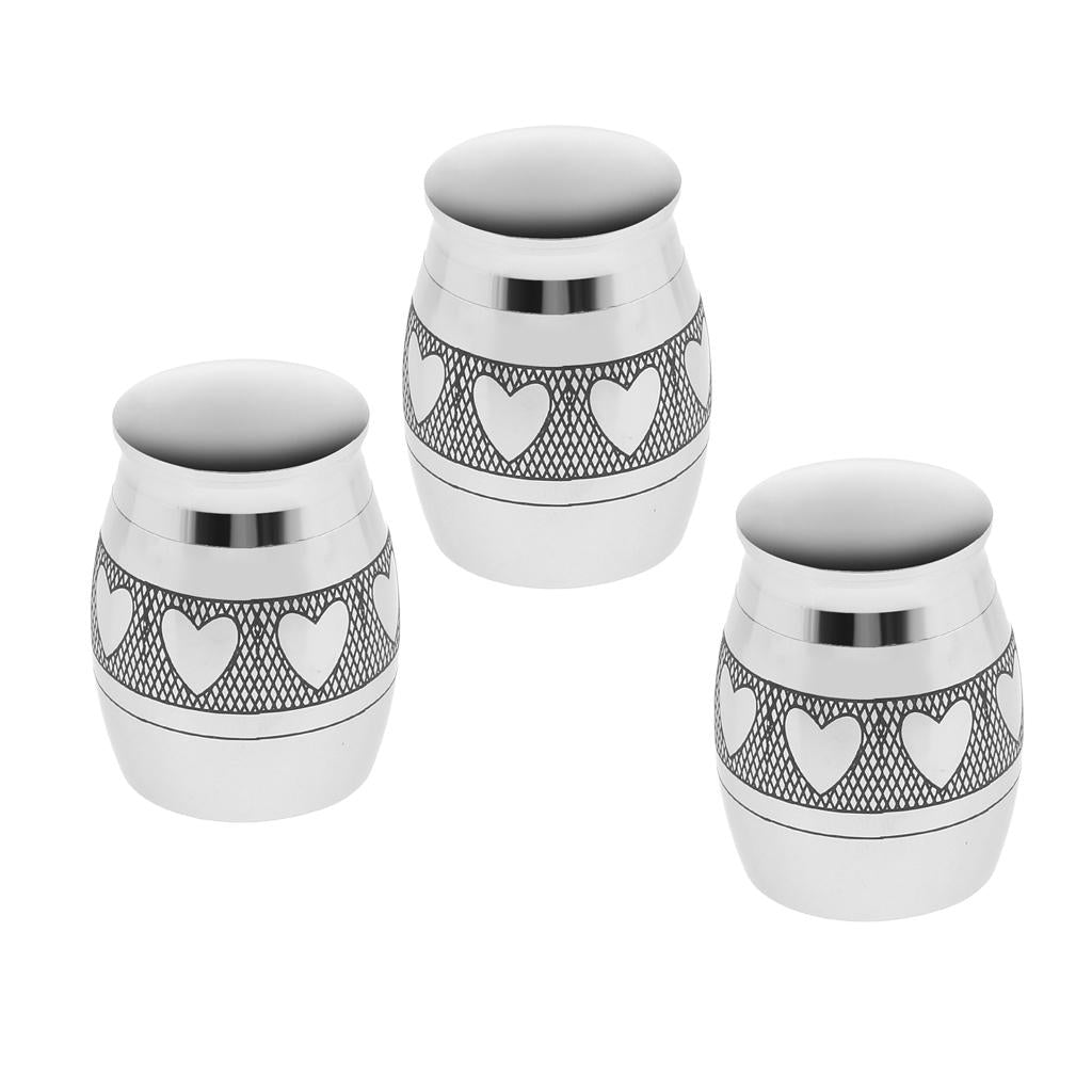 3 Piece Heart Print Stainless Steel Cremation Urn Ash Memorial Container Jar