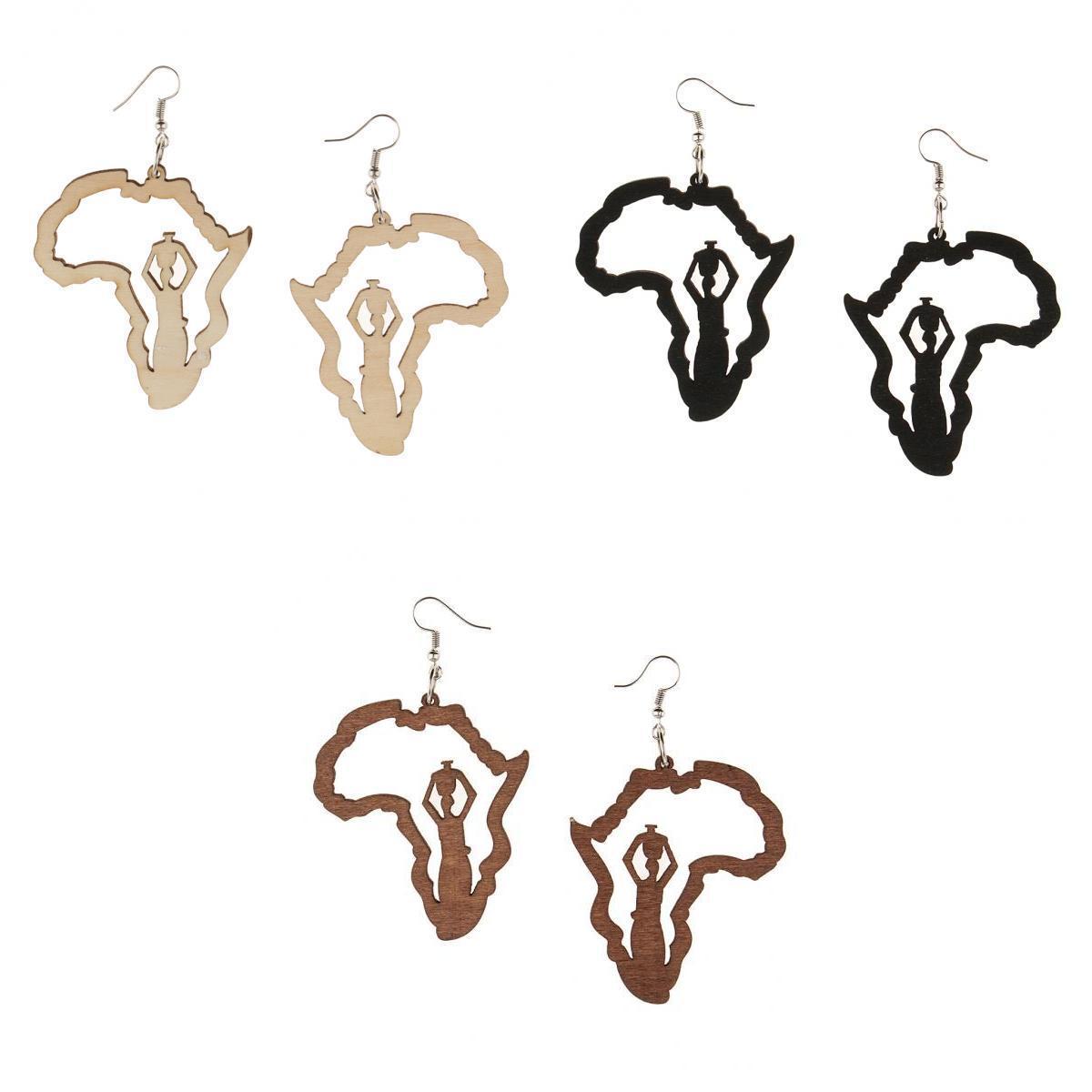 3 Pairs Vintage Ethnic Natural Women Wooden African Map Tribal Drop Earrings