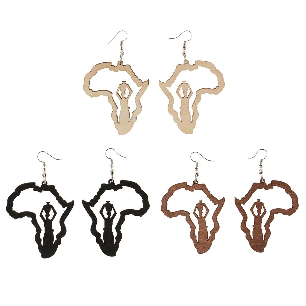 3 Pairs Vintage Ethnic Natural Women Wooden African Map Tribal Drop Earrings