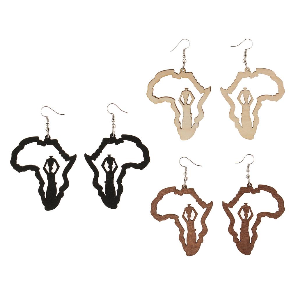 3 Pairs Vintage Ethnic Natural Women Wooden African Map Tribal Drop Earrings
