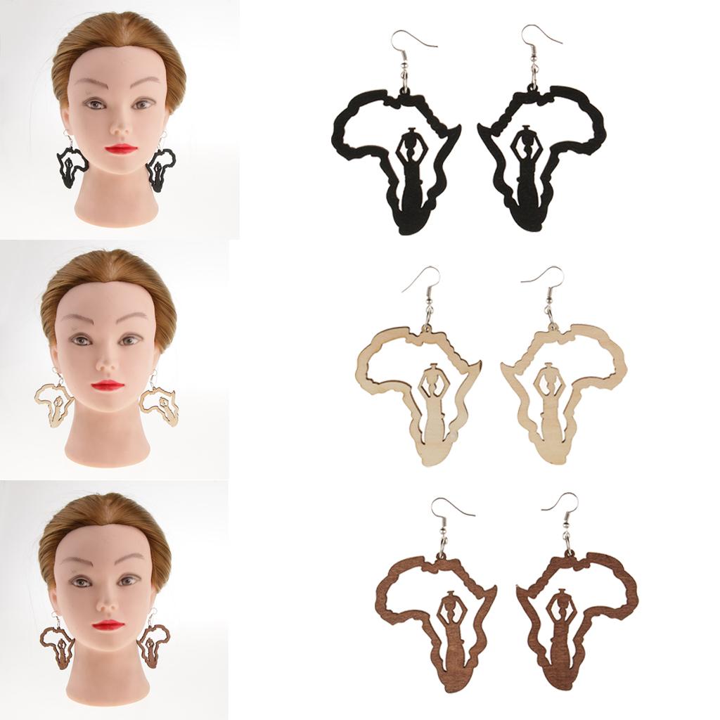 3 Pairs Vintage Ethnic Natural Women Wooden African Map Tribal Drop Earrings