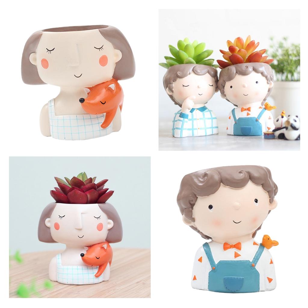 2Pcs Resin Girl Boys Succulent Planter Bonsai Pot Flowerpot Home Decor Set A