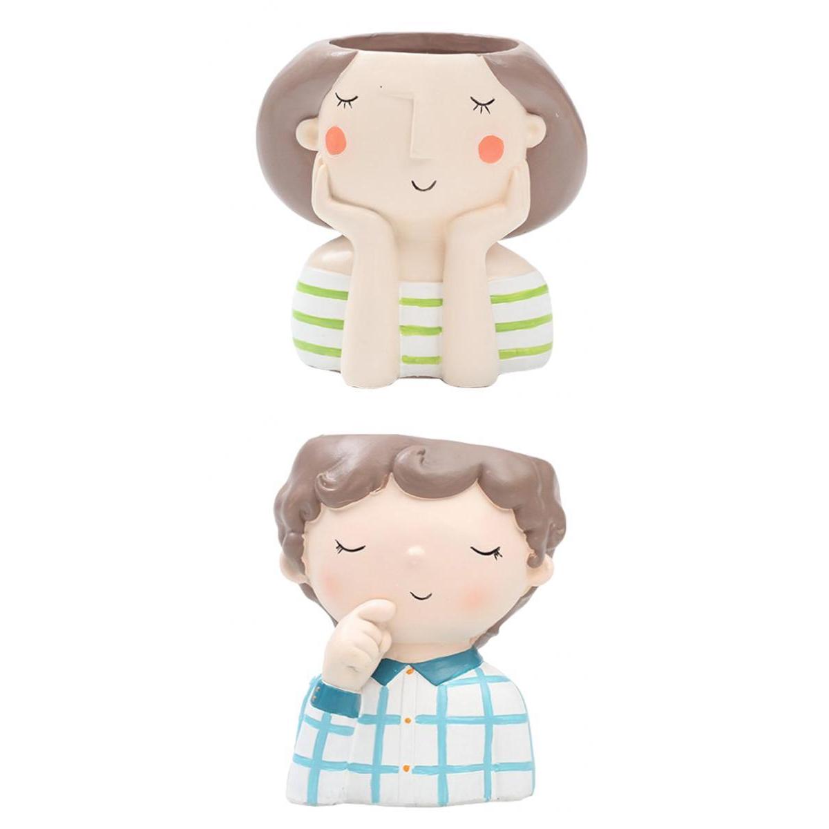 2Pcs Resin Girl Boys Succulent Planter Bonsai Pot Flowerpot Home Decor Set C