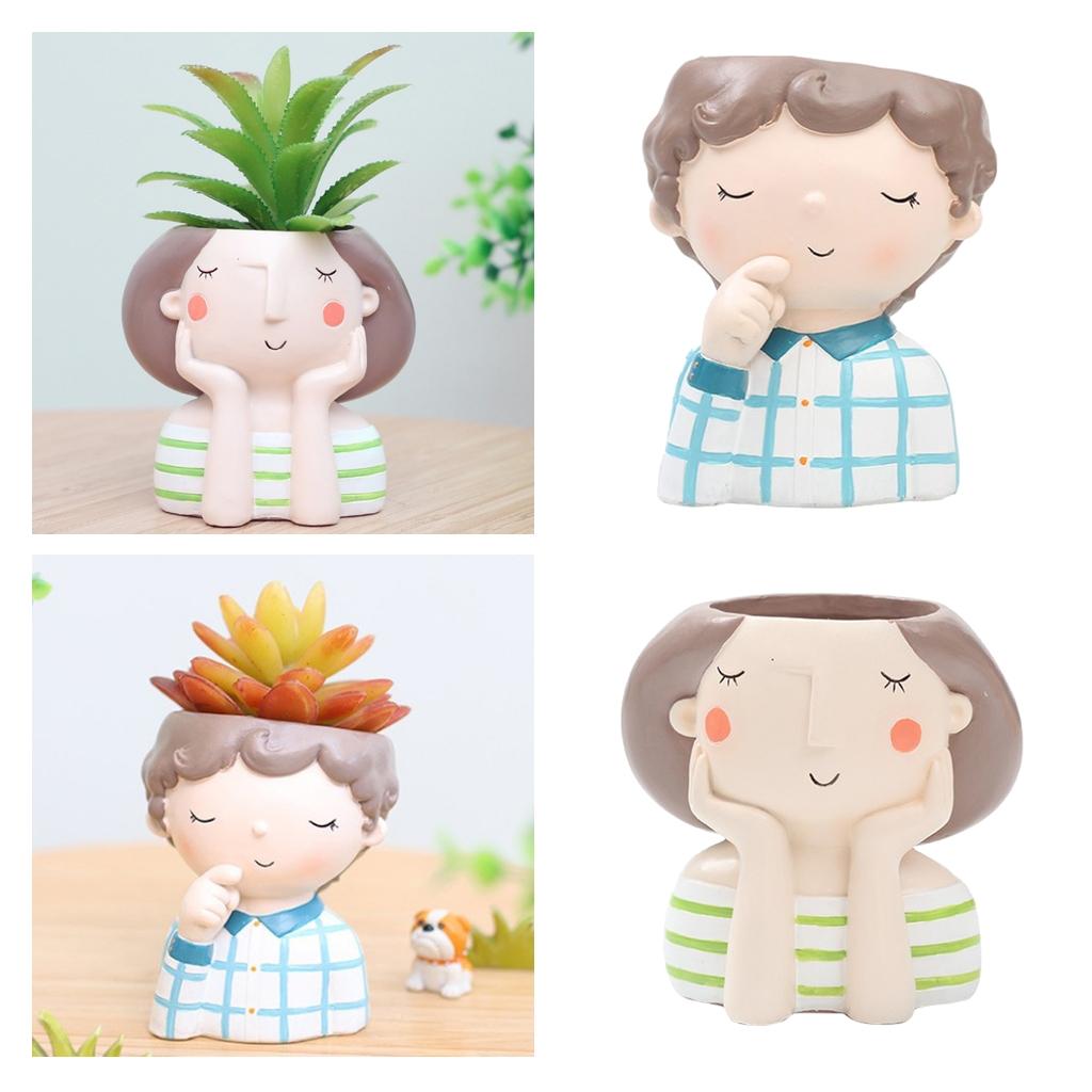 2Pcs Resin Girl Boys Succulent Planter Bonsai Pot Flowerpot Home Decor Set C