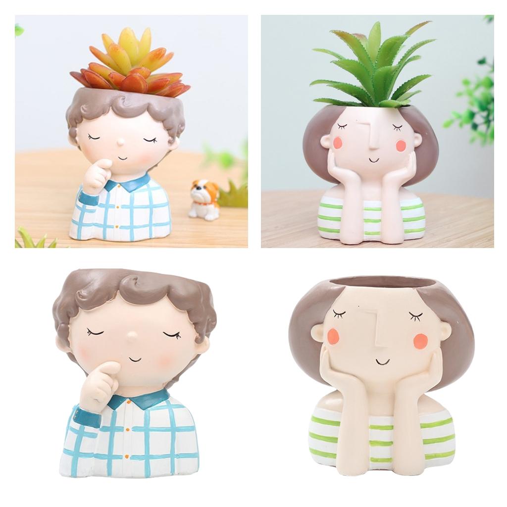2Pcs Resin Girl Boys Succulent Planter Bonsai Pot Flowerpot Home Decor Set C