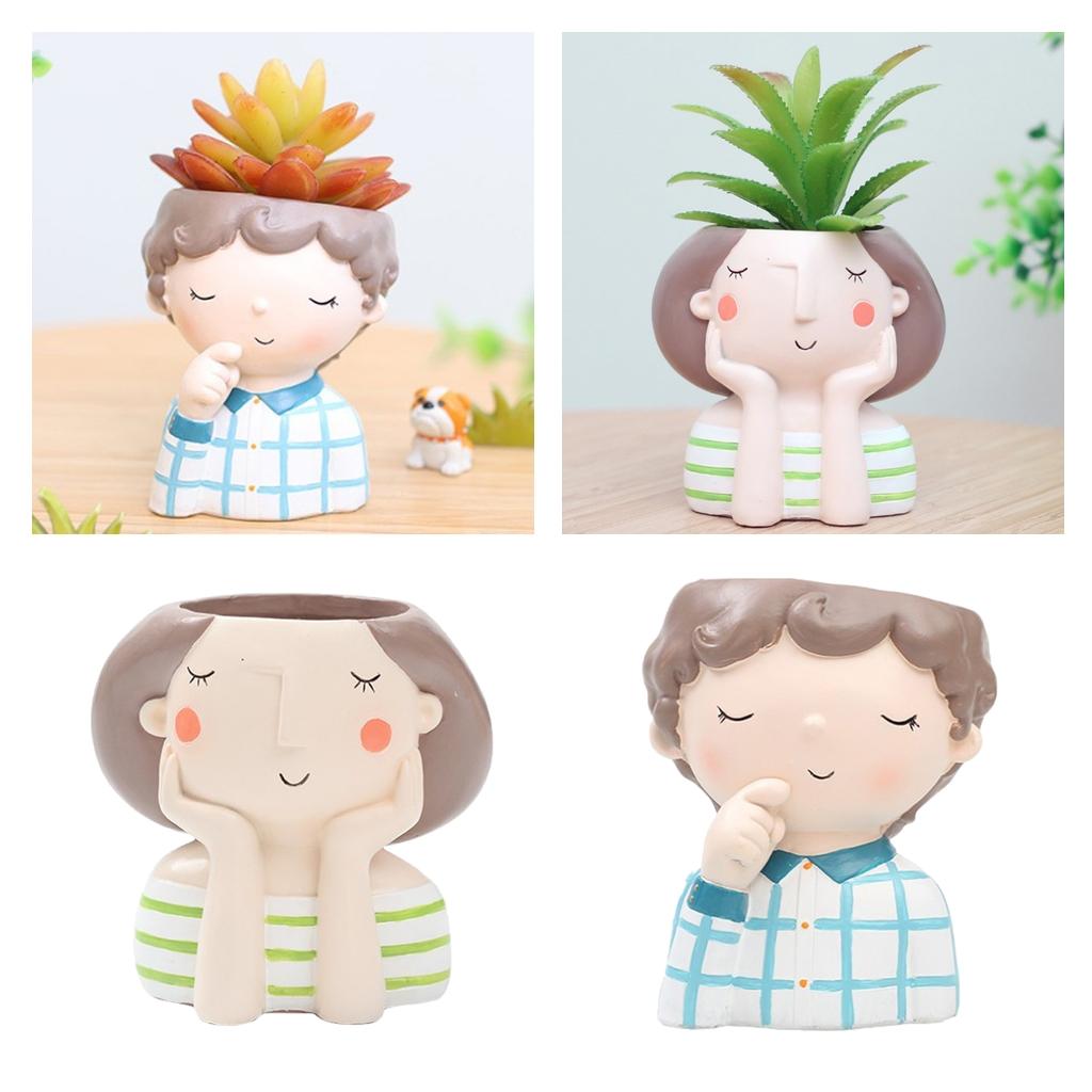 2Pcs Resin Girl Boys Succulent Planter Bonsai Pot Flowerpot Home Decor Set C