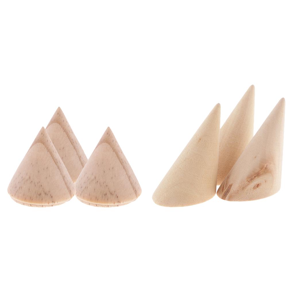 6 Pieces Natural Unpainted Cone Wooden Ring Display Rack Showcase 3/5.6cm