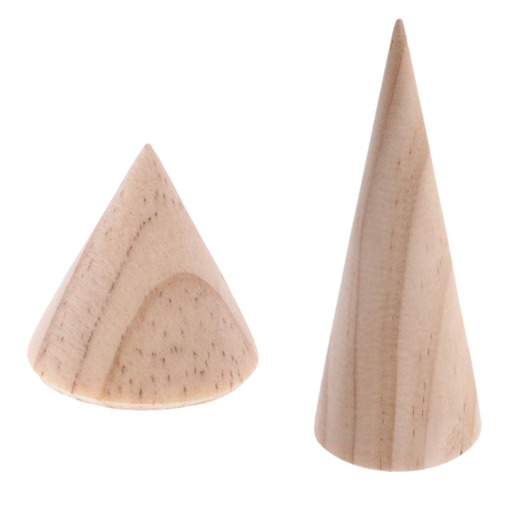 2 Pieces Unpainted Cone Shape Wooden Ring Jewelry Display Stand Rack 3cm 8cm