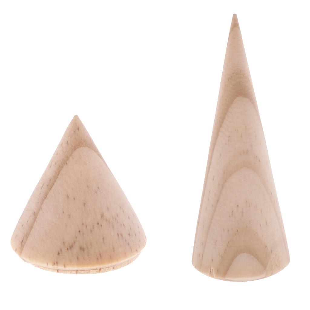2 Pieces Unpainted Cone Shape Wooden Ring Jewelry Display Stand Rack 3cm 8cm