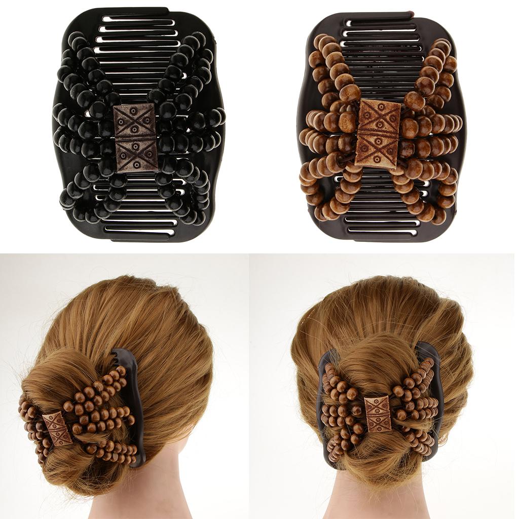 2/Set Stretch Double Hair Comb Clip Wood Beads Double Clip Hair Accessories