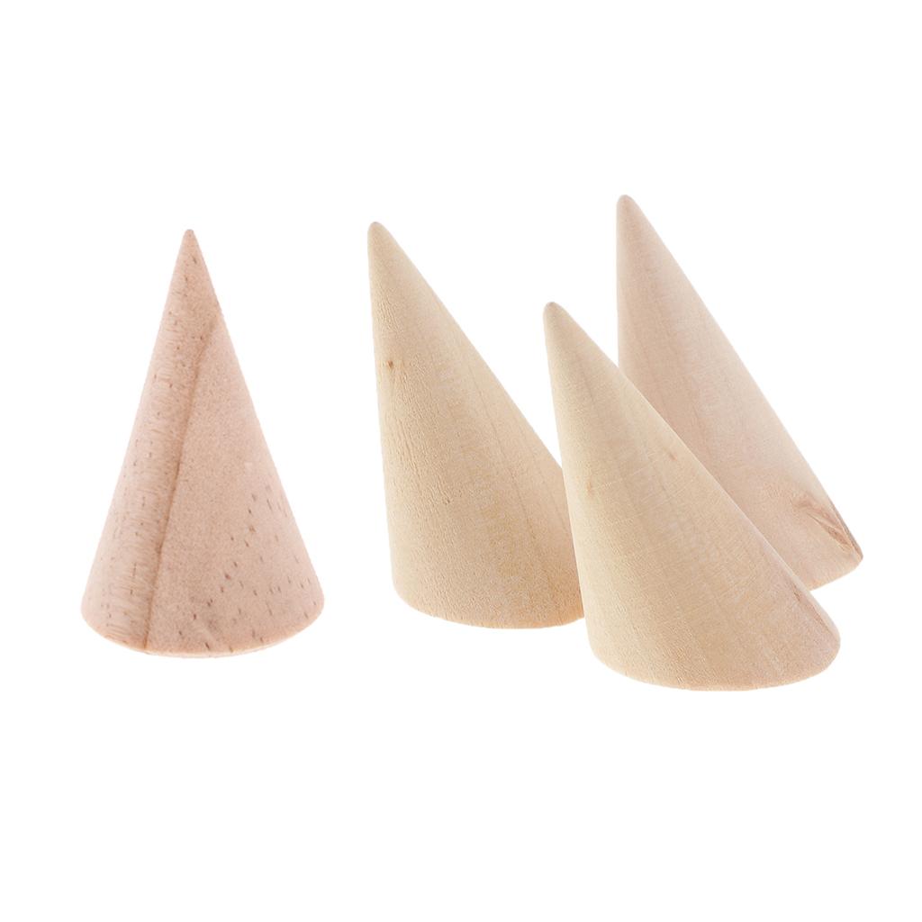 4pcs Unpainted Plain Cone Wooden Ring Jewelry Display Stand Organize Holder