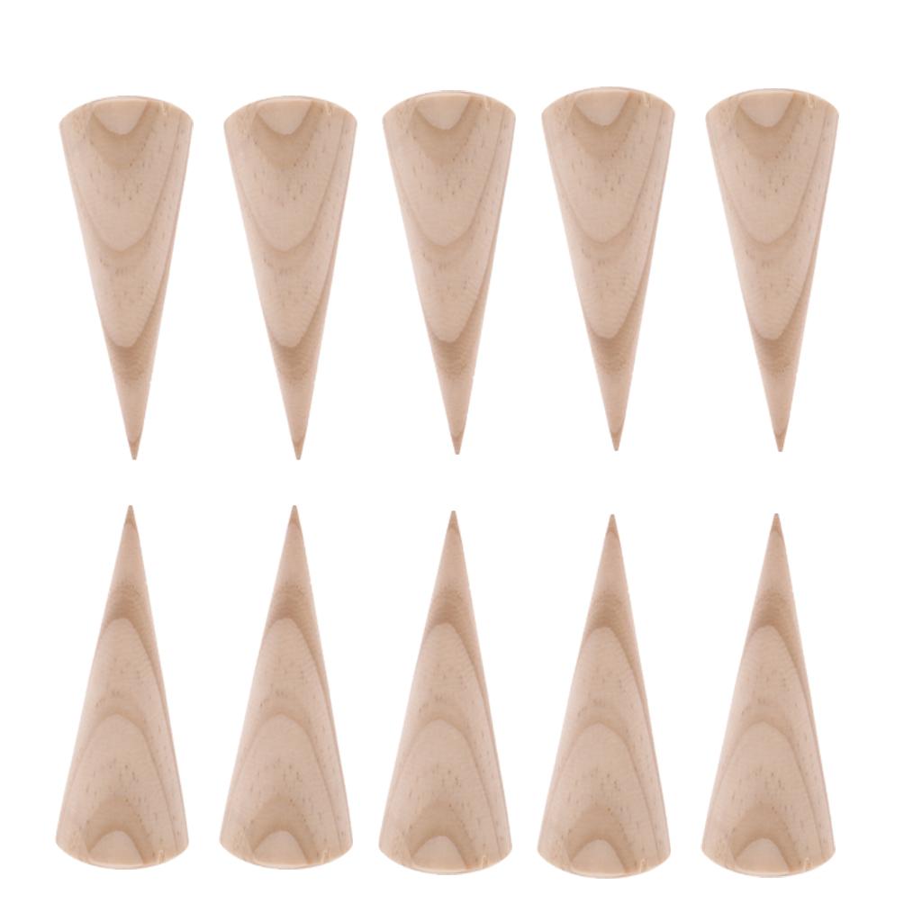 10 Pieces Unpainted Cone Wooden Ring Jewelry Display Stand Holder 3 x 8 cm