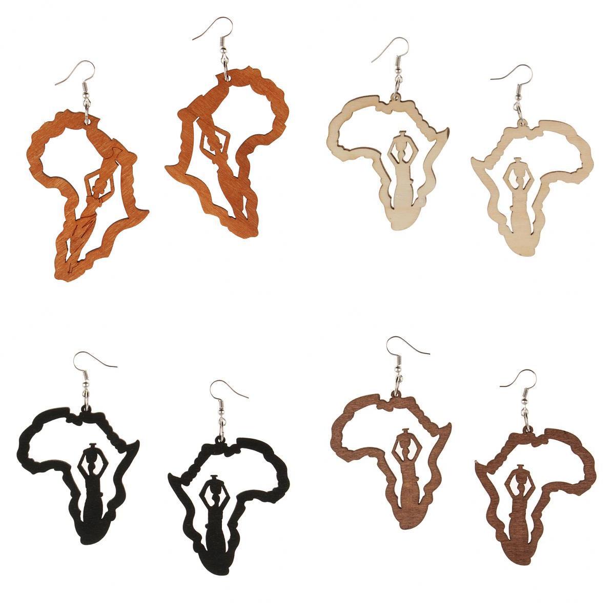 4 Pairs Vintage Ethnic Natural Women wooden African Map Tribal Drop Earrings
