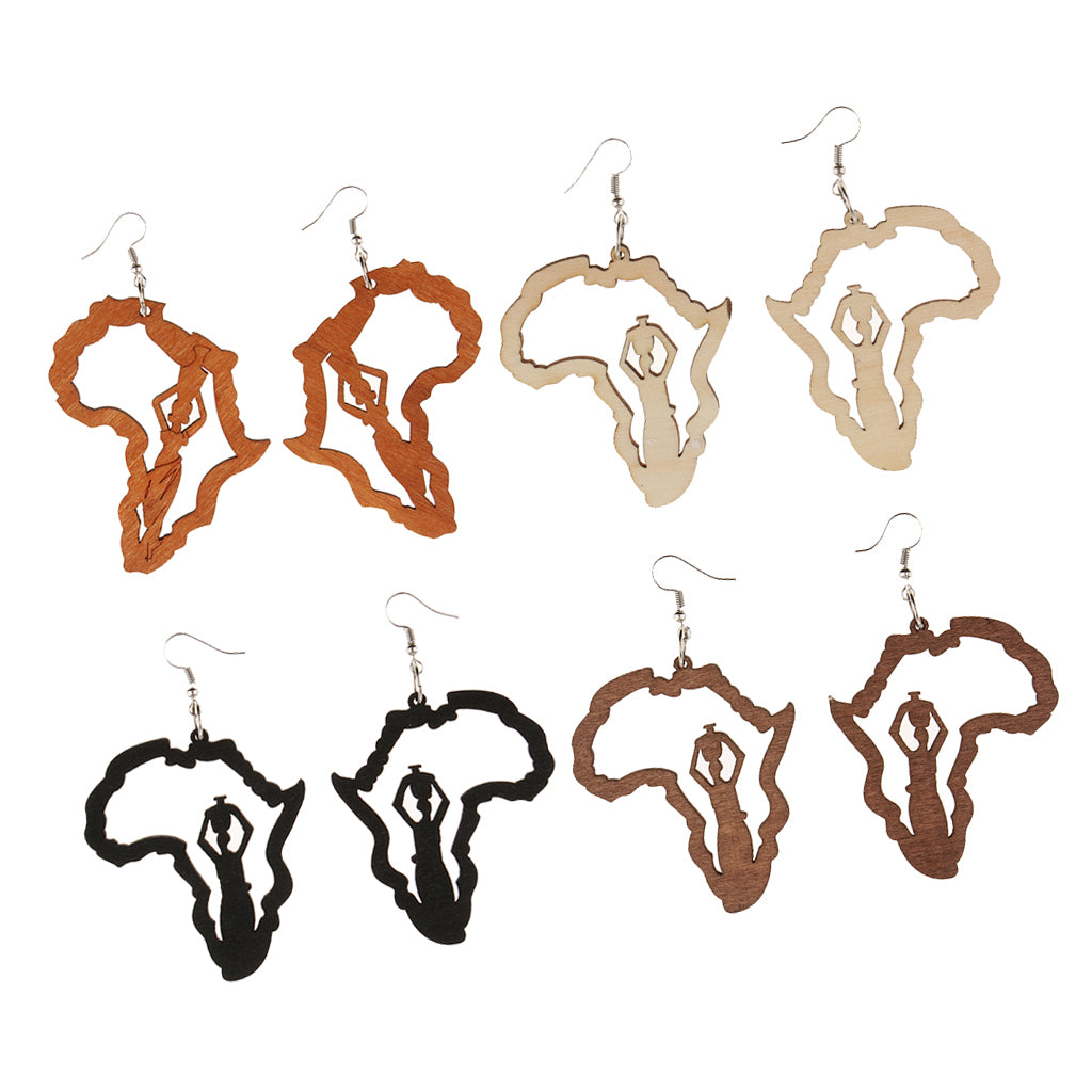 4 Pairs Vintage Ethnic Natural Women wooden African Map Tribal Drop Earrings