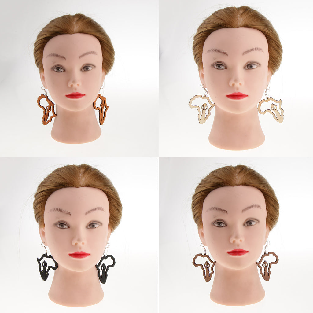 4 Pairs Vintage Ethnic Natural Women wooden African Map Tribal Drop Earrings