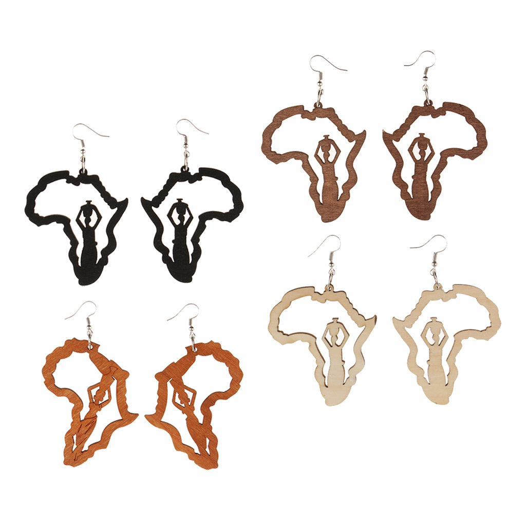 4 Pairs Vintage Ethnic Natural Women wooden African Map Tribal Drop Earrings