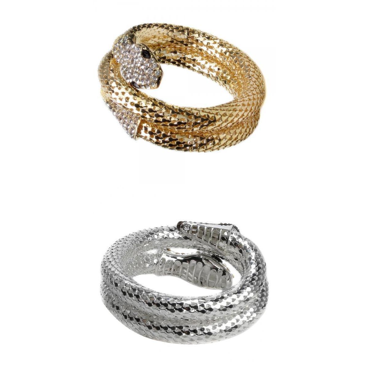 2 Pcs Women Punk Rhinestone Snake Curved Chunky Stretch Bangle Cuff Bracelet