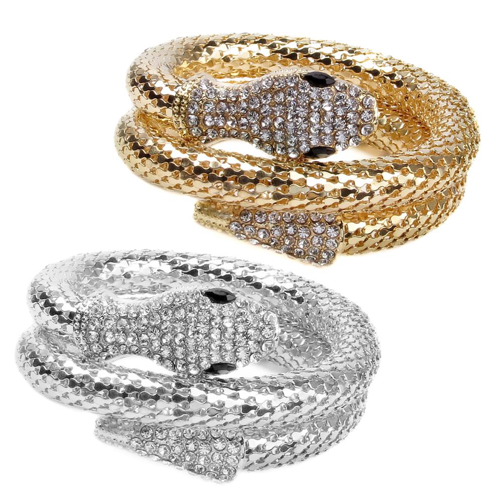 2 Pcs Women Punk Rhinestone Snake Curved Chunky Stretch Bangle Cuff Bracelet