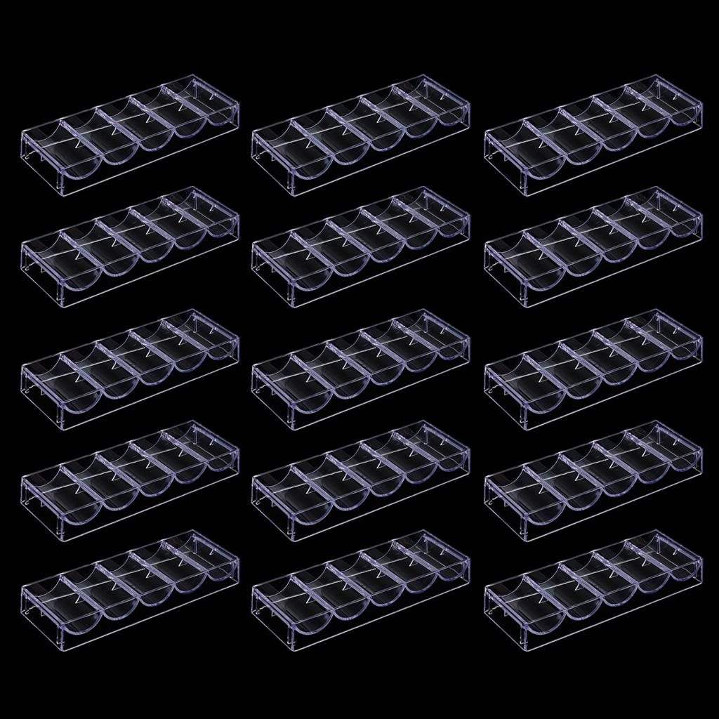 15Pieces Acrylic Poker Chips Tray Storage Case 100 Chips for Casino Game