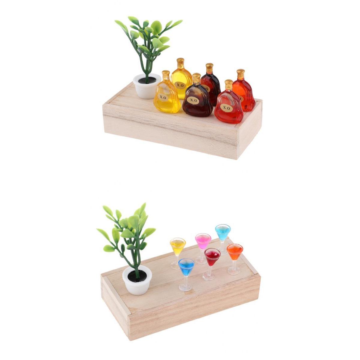 1/12 Dollhouse Mini Wooden Box Green Plant Wine Glass Scene Model Decor