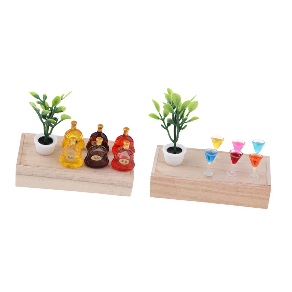 1/12 Dollhouse Mini Wooden Box Green Plant Wine Glass Scene Model Decor