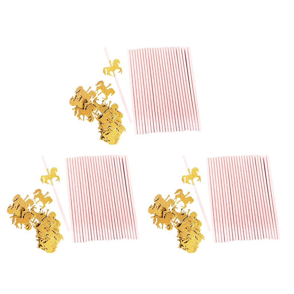 75x Pink Paper Straws with Gold Glitter Unicorn for Kid Birthday Party Decor