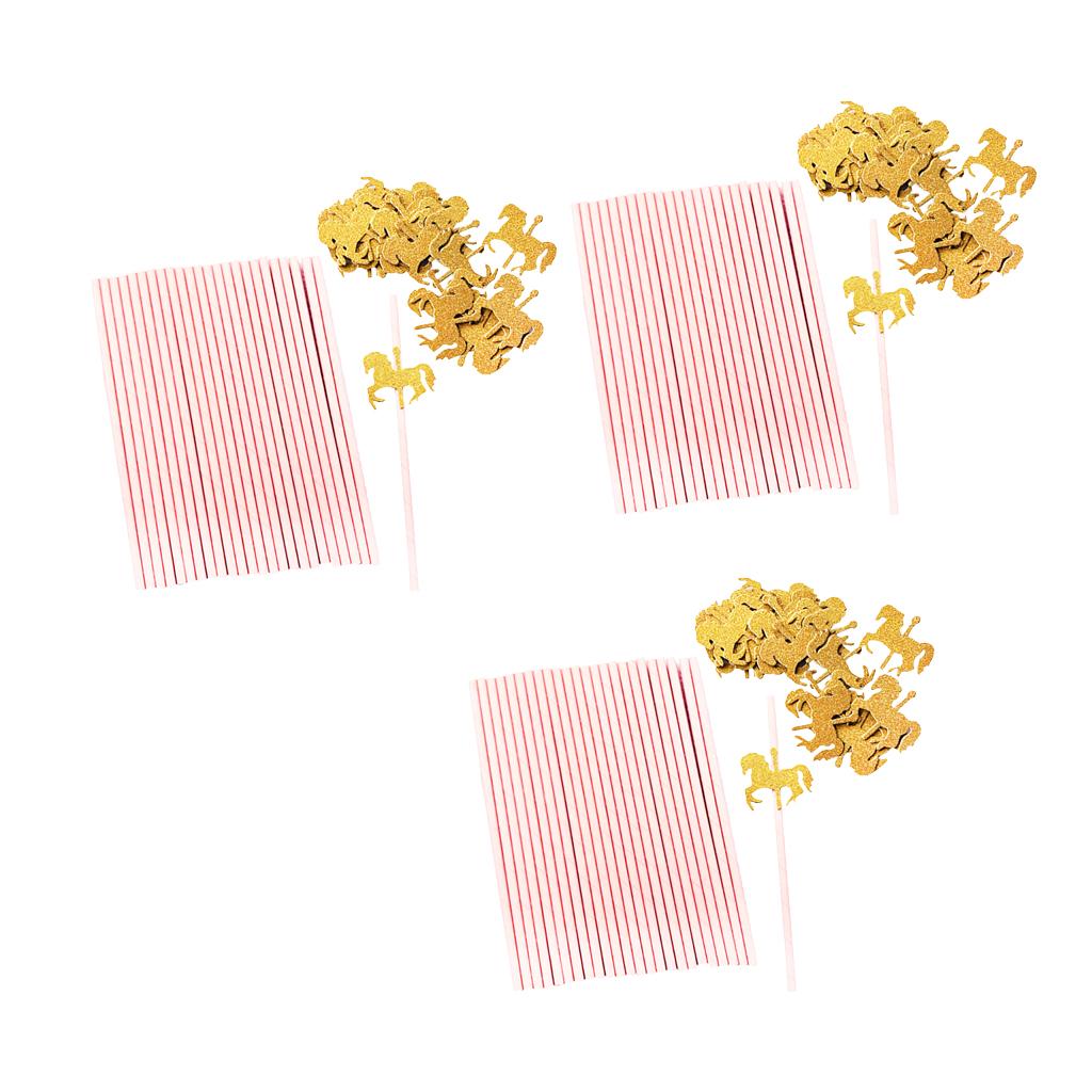 75x Pink Paper Straws with Gold Glitter Unicorn for Kid Birthday Party Decor