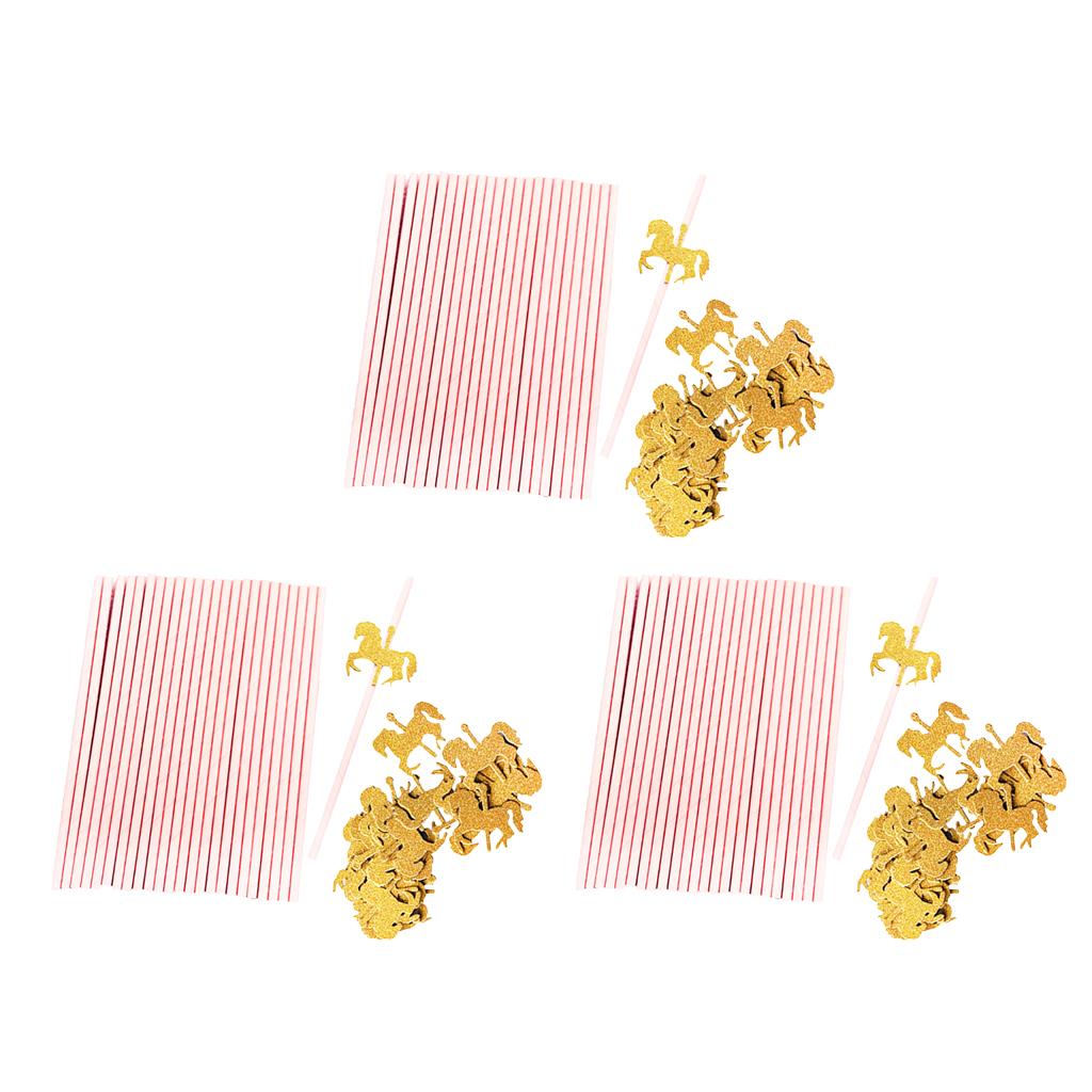 75x Pink Paper Straws with Gold Glitter Unicorn for Kid Birthday Party Decor