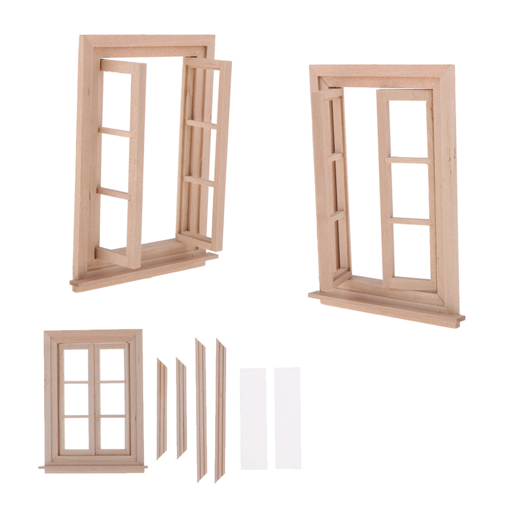 3 Pieces 1/12 Dollhouse Miniature Unpainted Wood 6 Pane Double Window Frame