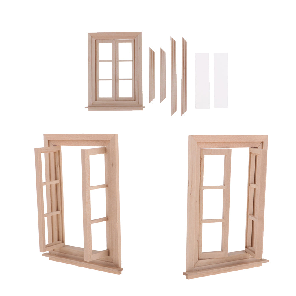 3 Pieces 1/12 Dollhouse Miniature Unpainted Wood 6 Pane Double Window Frame