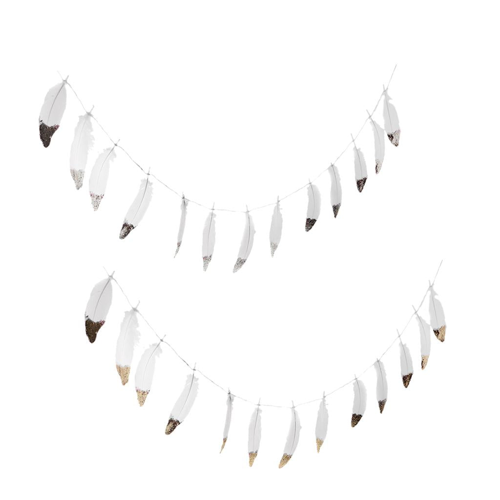 2 Pieces Boho Gold Silver Dipped White Feather Tassel Garland Wall Decor