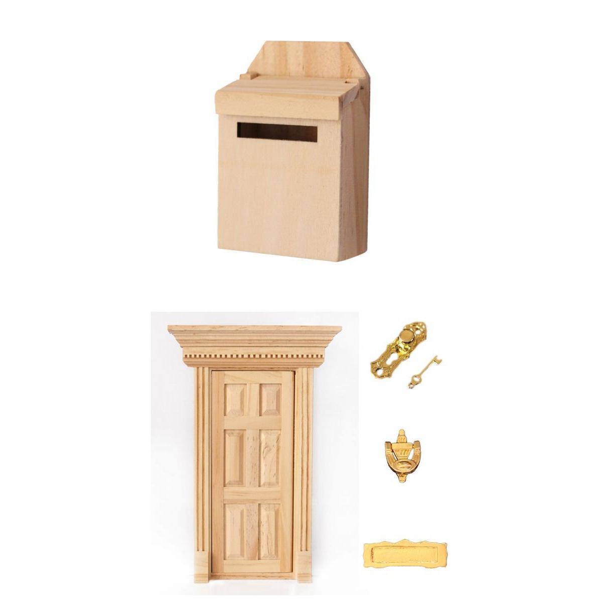 1:12 Dolls House Miniature Natural Wood Color Wooden Door & Mailbox