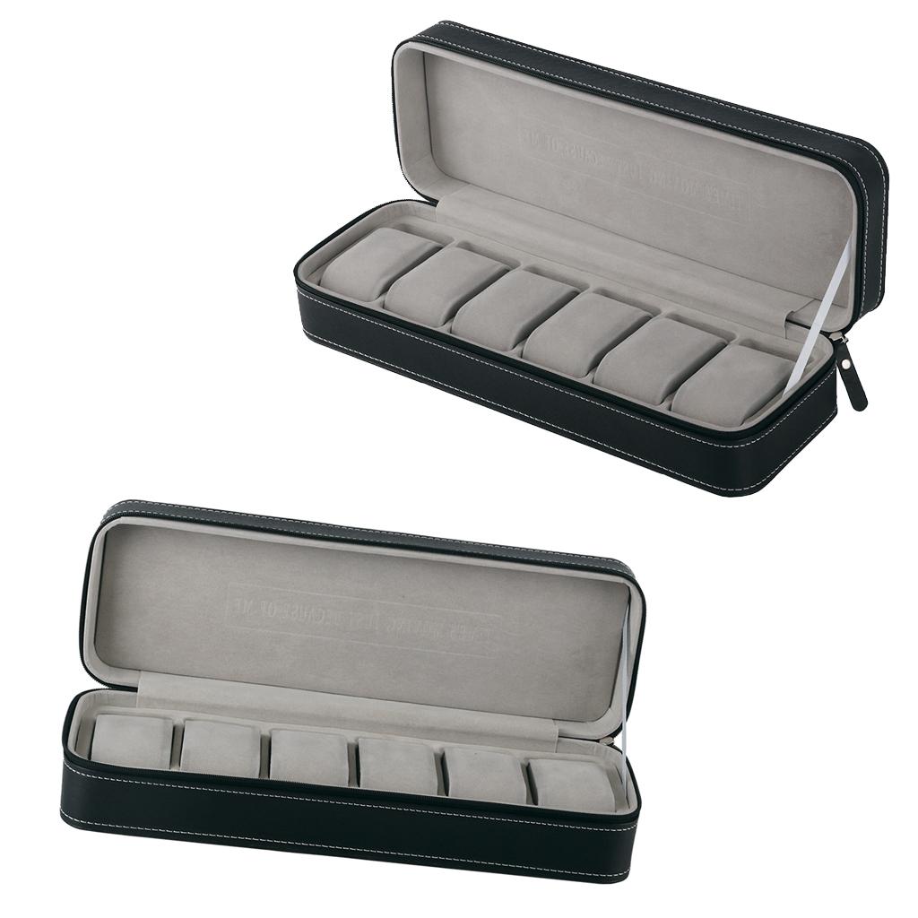 2pcs Black PU Leather 6 Slot Zipper Watch Box Display Case Organizer Storage