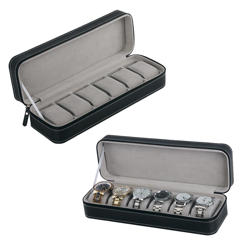 2pcs Black PU Leather 6 Slot Zipper Watch Box Display Case Organizer Storage