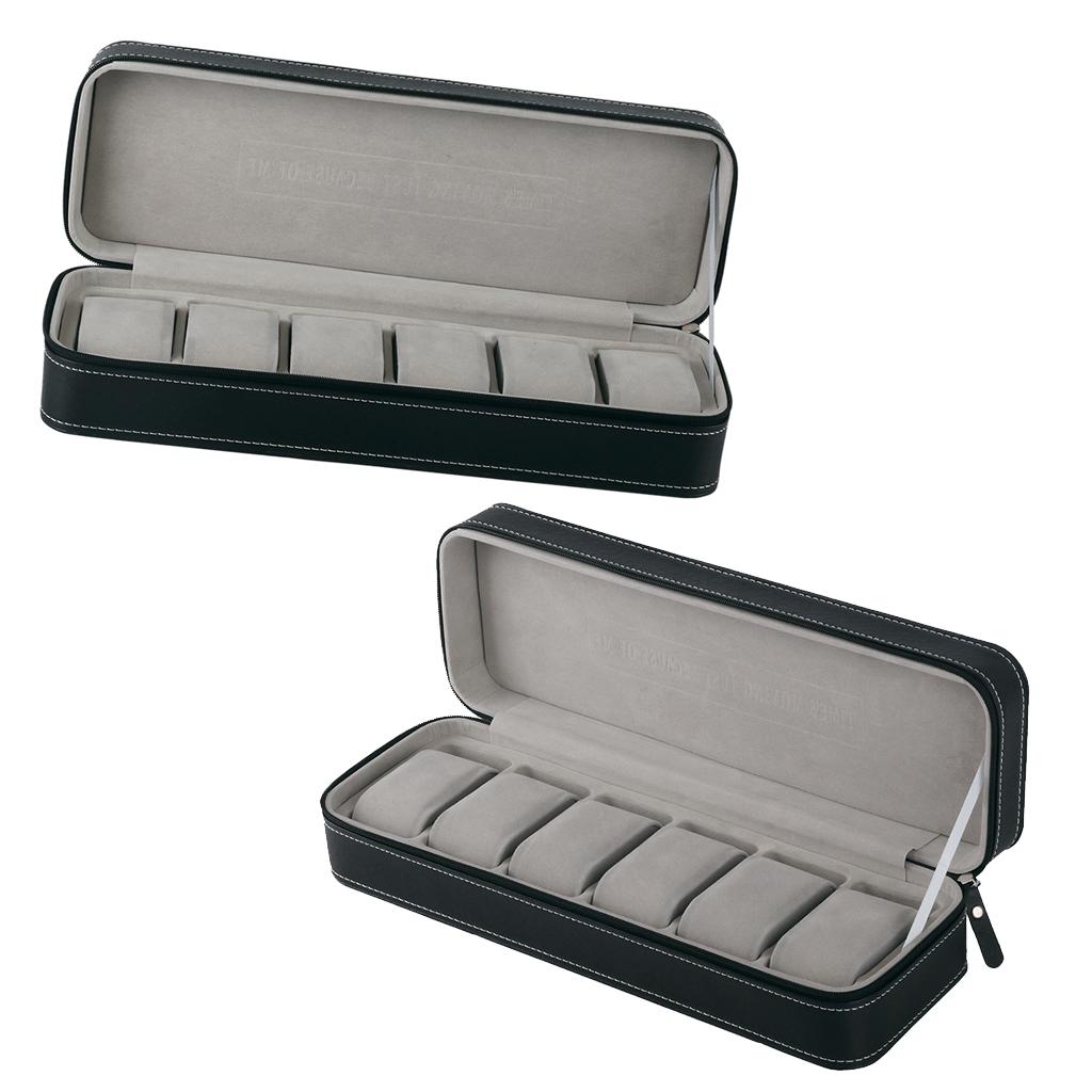 2pcs Black PU Leather 6 Slot Zipper Watch Box Display Case Organizer Storage