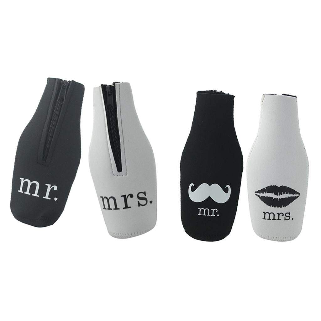 2 Pairs Beer Mr Mrs Bottle Cooler Sleeve Wrap Zip Holder Wedding Favor