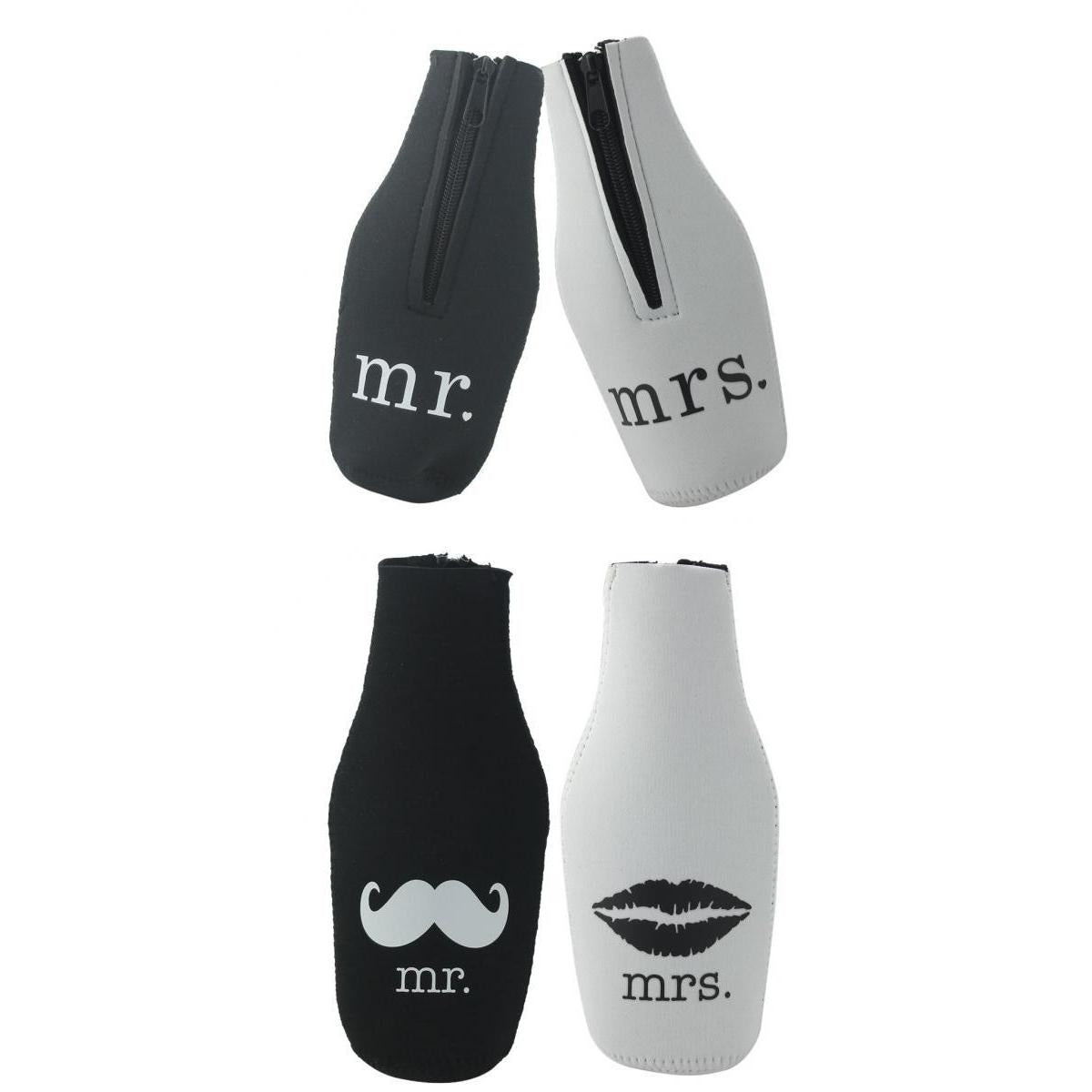 2 Pairs Beer Mr Mrs Bottle Cooler Sleeve Wrap Zip Holder Wedding Favor