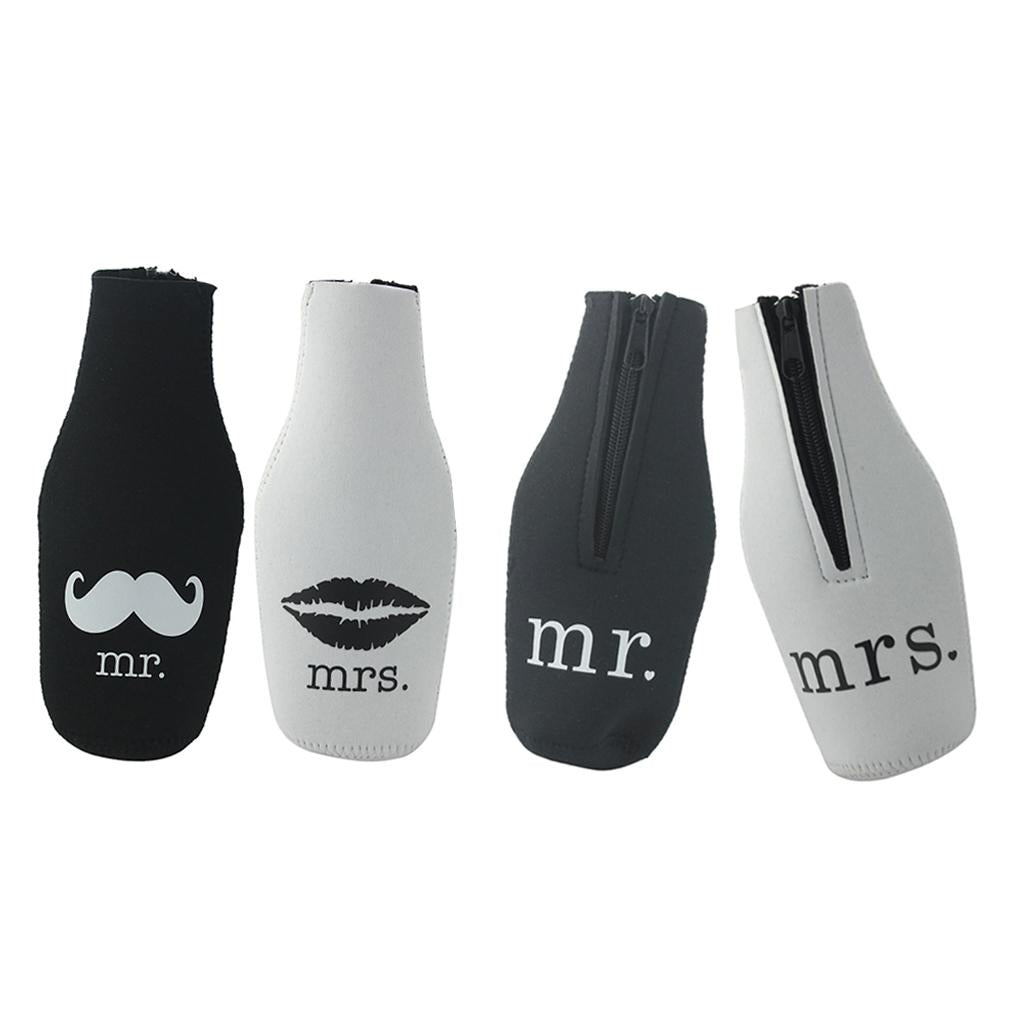 2 Pairs Beer Mr Mrs Bottle Cooler Sleeve Wrap Zip Holder Wedding Favor