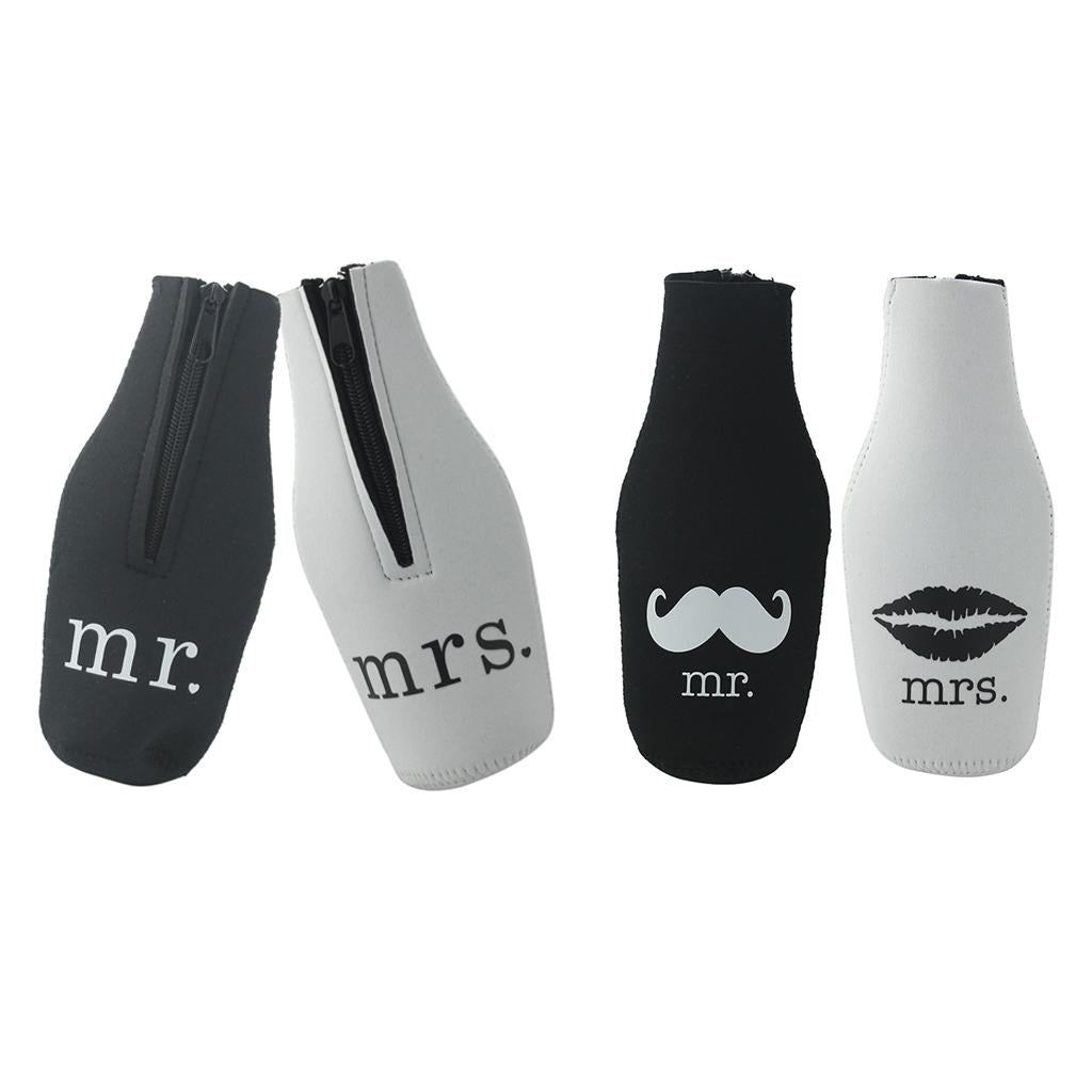 2 Pairs Beer Mr Mrs Bottle Cooler Sleeve Wrap Zip Holder Wedding Favor