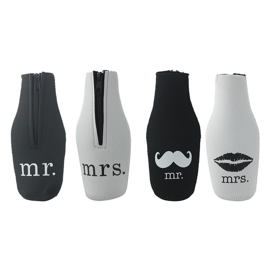 2 Pairs Beer Mr Mrs Bottle Cooler Sleeve Wrap Zip Holder Wedding Favor