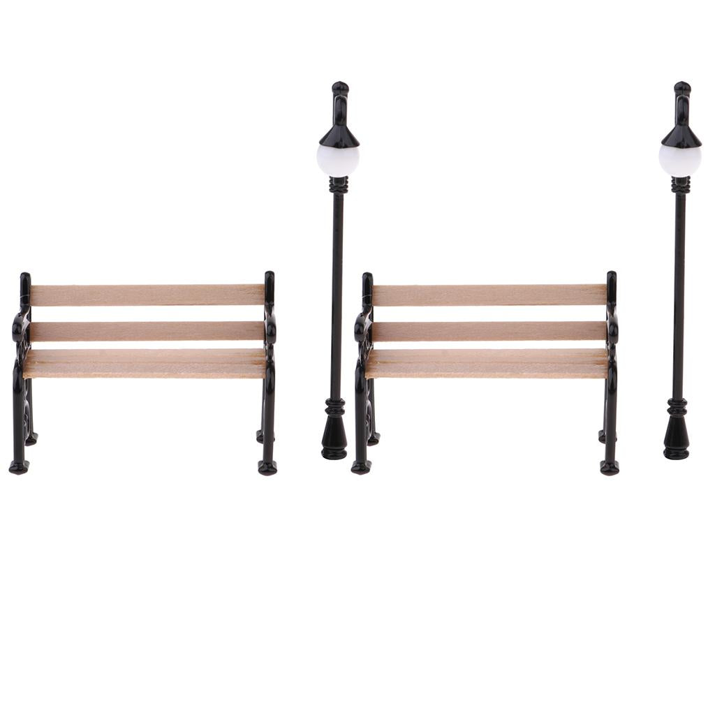 2pcs 1/12 Dollhouse Miniature Garden Patio Kits Wooden Bench & Street Lamp