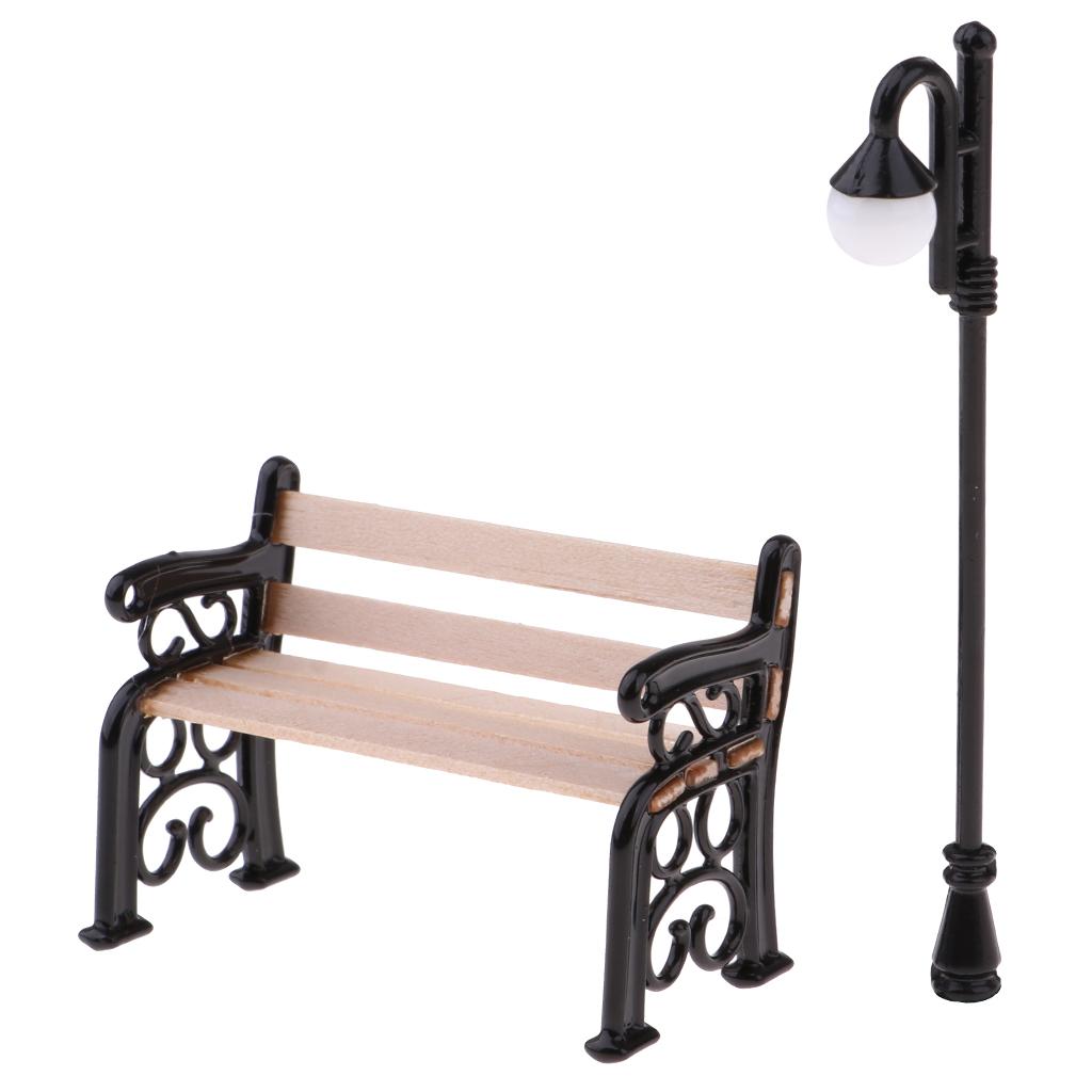 2pcs 1/12 Dollhouse Miniature Garden Patio Kits Wooden Bench & Street Lamp