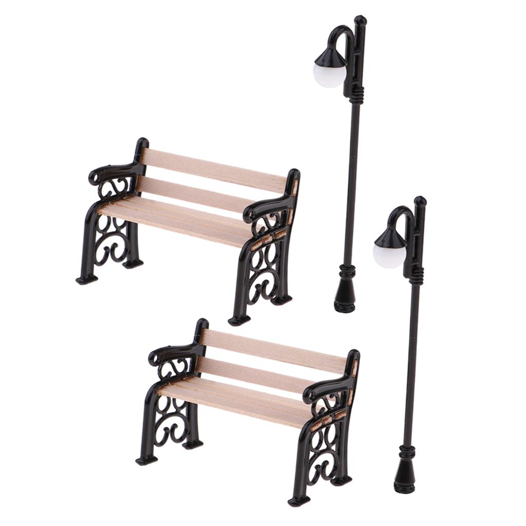 2pcs 1/12 Dollhouse Miniature Garden Patio Kits Wooden Bench & Street Lamp