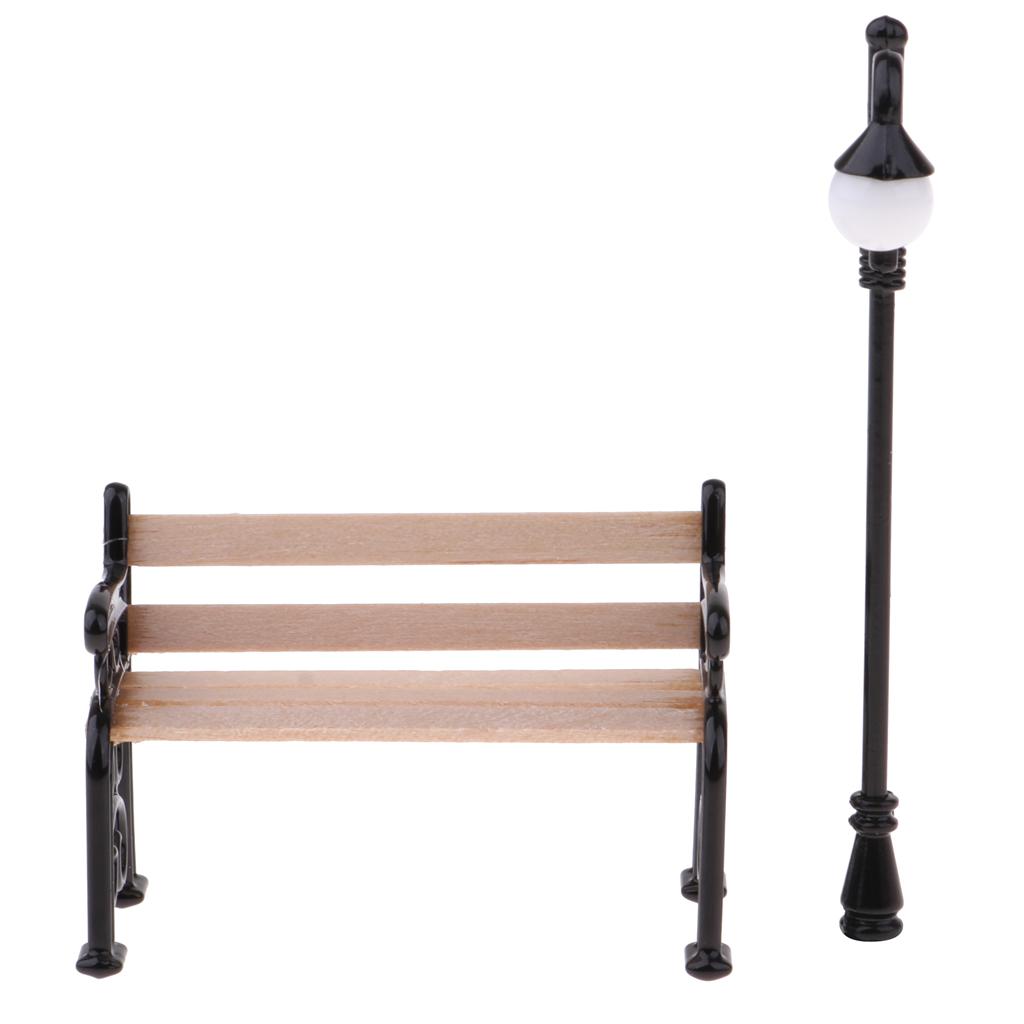 2pcs 1/12 Dollhouse Miniature Garden Patio Kits Wooden Bench & Street Lamp