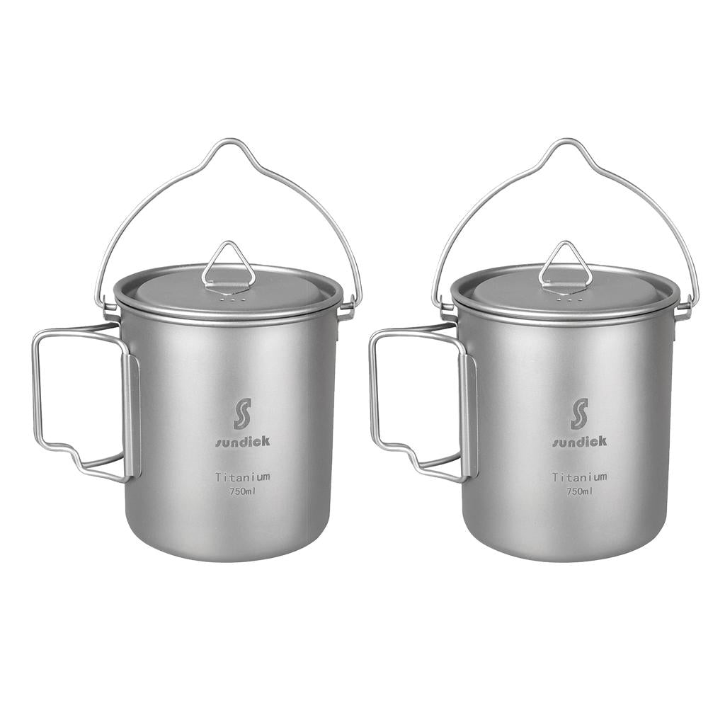 2pcs 750ml Titanium Portable Camping Cooking Hanging Pot Tea Water Mug Cup