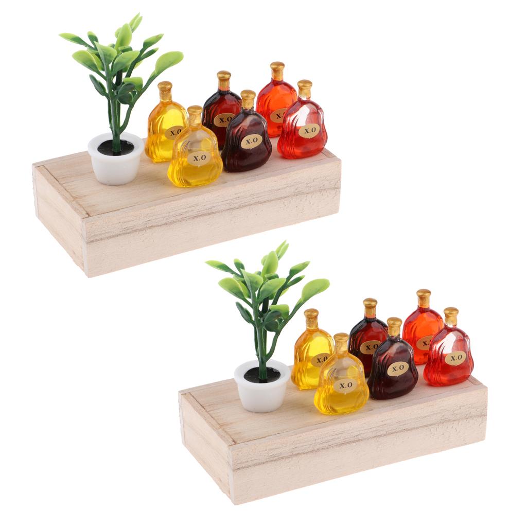 1/12 Dollhouse Mini Wooden Box Green Plants X.O Wine Bottles Scene Model